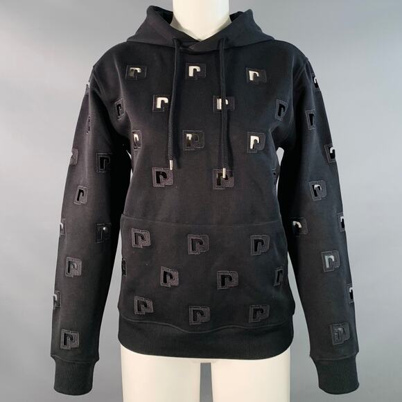 PACO RABANNE Size S Black Cotton Blend Cutout Logo Hooded Pullover - Picture 1 of 6
